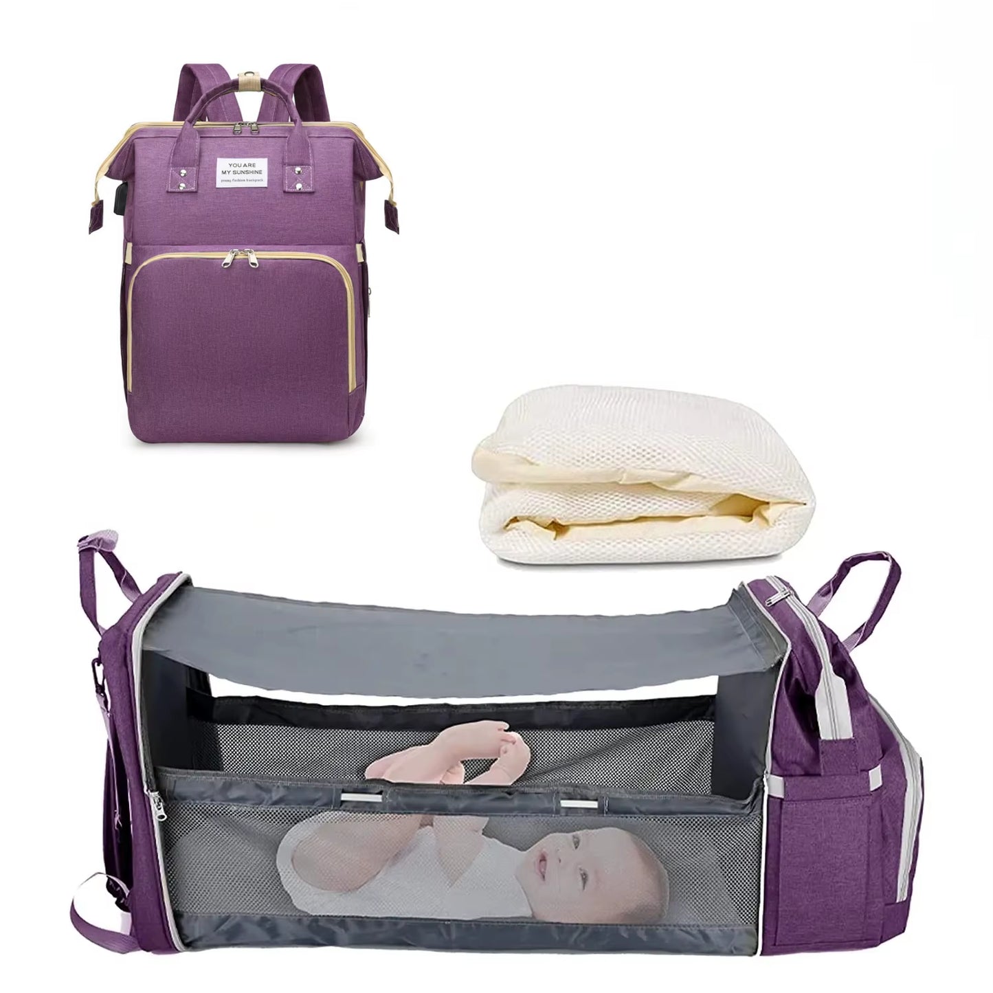 3 in 1 Diaper Bag Backpack Foldable Baby Bed Waterproof Travel Bag with USB Charge Diaper Bag Backpack with Changing Bed 3 Types